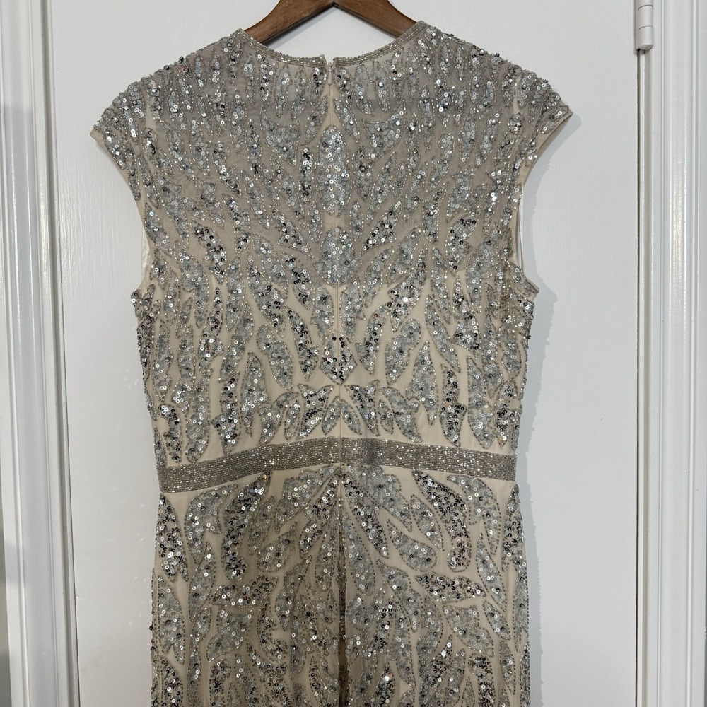 Mac Duggal Nude Silver Illusion Sheer Cap Sleeve Bead Sequin Belted Modest 5532 - Picture 8 of 16